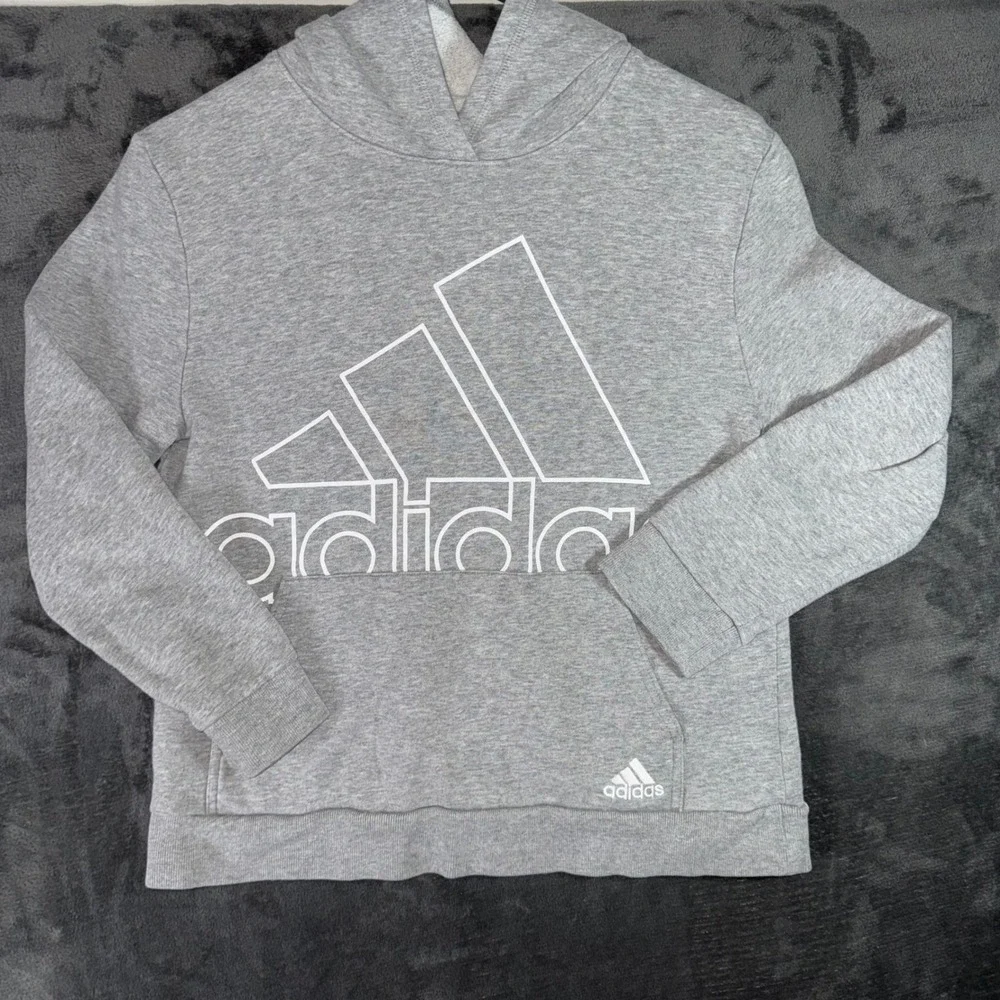 Kids Large Adidas Pullover Hoodie Gray Excellent Fleece Graphic Sweatshirt